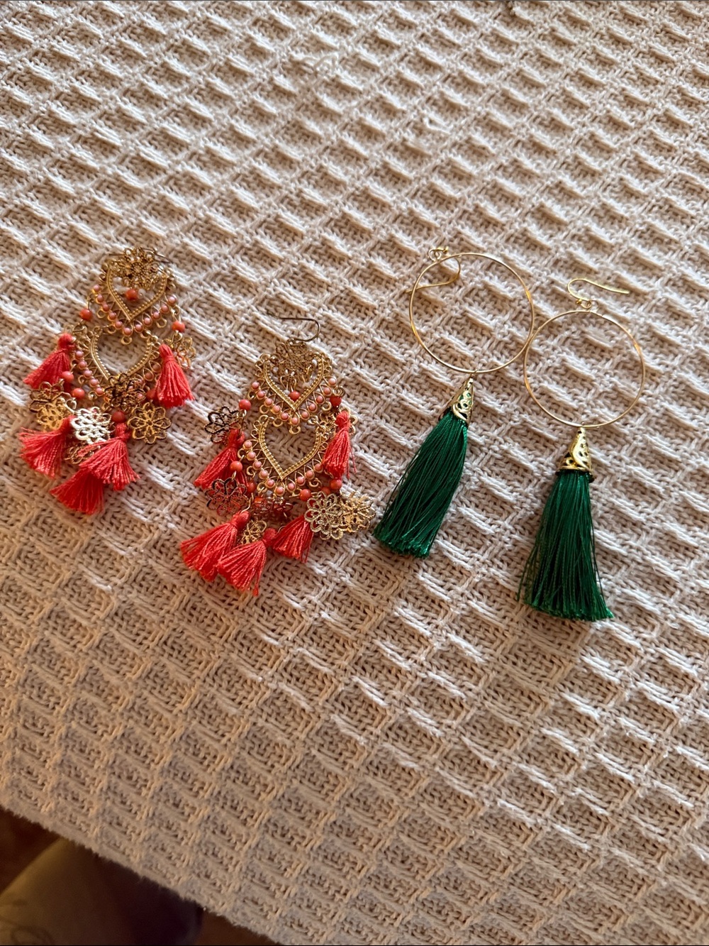 Gold Filigree Earrings with Coral Tassels and Green Tassel Hoop Earrings